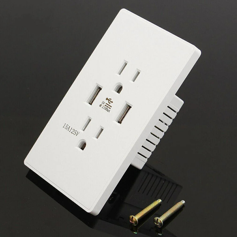 15A Dual USB Wall Outlet Charger with AC Receptacle - Fast Charging Power Socket for Your Home or Office