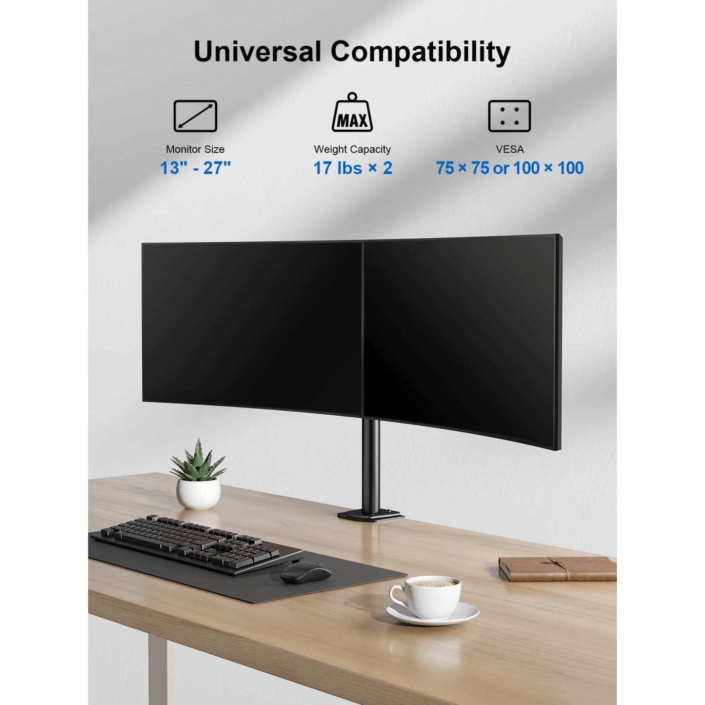 Ergoav Dual Monitor Adjustable Desk Stand - Ideal for 13" to 27" Screens, Holds Up to 17lbs
