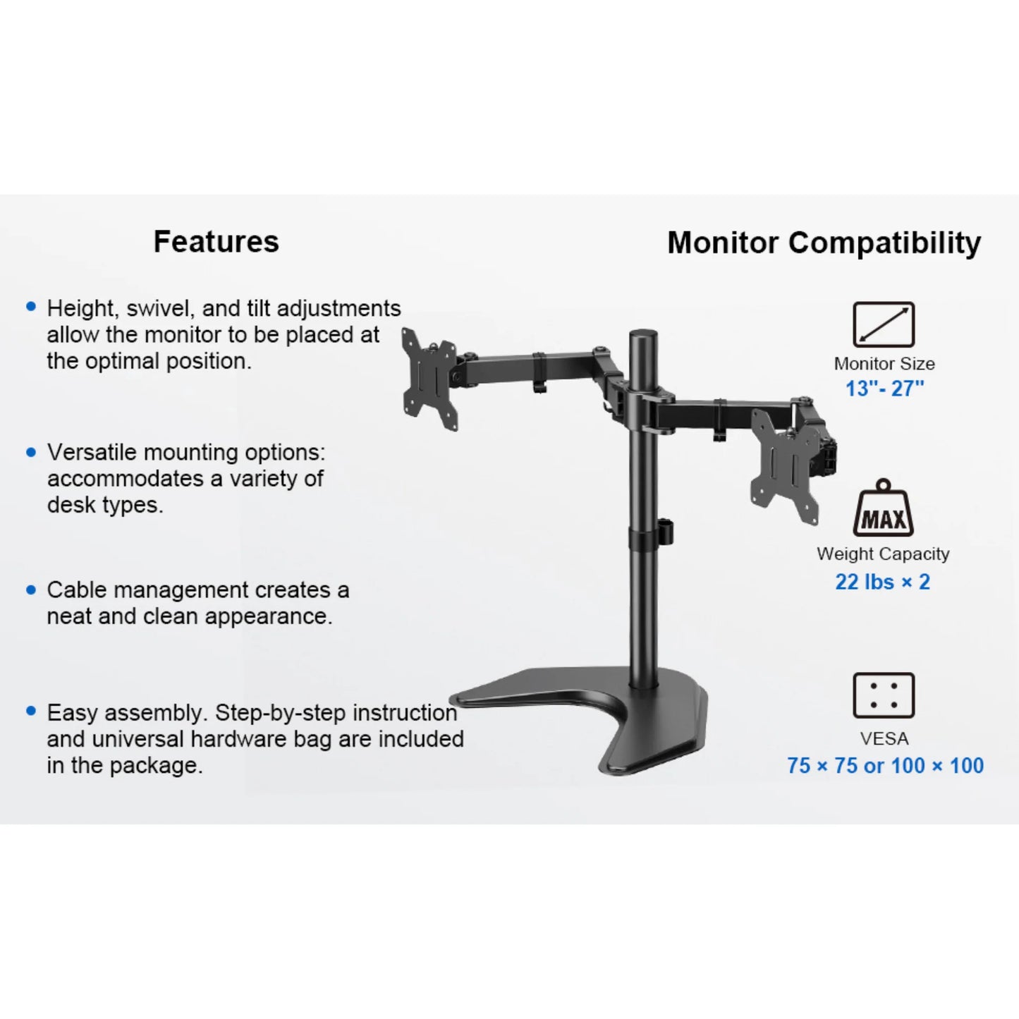 Ergoav Dual Monitor Adjustable Desk Stand - Ideal for 13" to 27" Screens, Holds Up to 22lbs