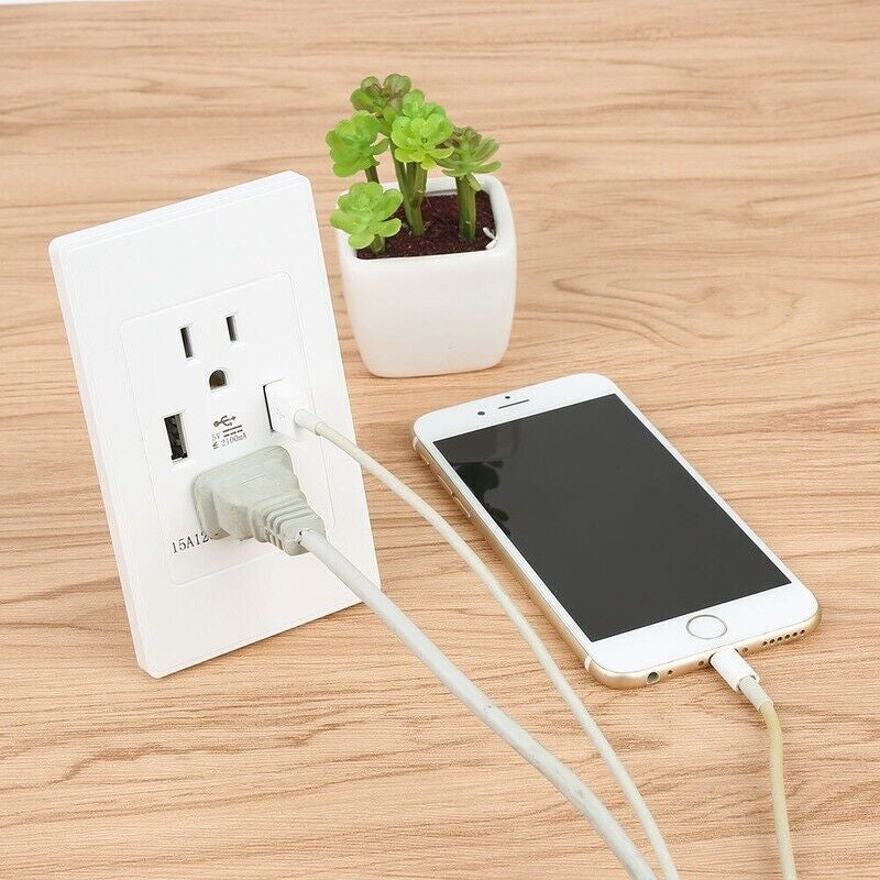 15A Dual USB Wall Outlet Charger with AC Receptacle - Fast Charging Power Socket for Your Home or Office