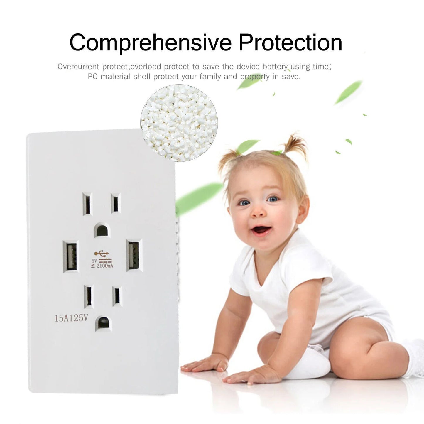 15A Dual USB Wall Outlet Charger with AC Receptacle - Fast Charging Power Socket for Your Home or Office