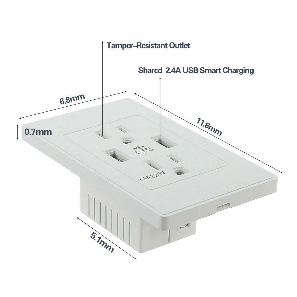 15A Dual USB Wall Outlet Charger with AC Receptacle - Fast Charging Power Socket for Your Home or Office