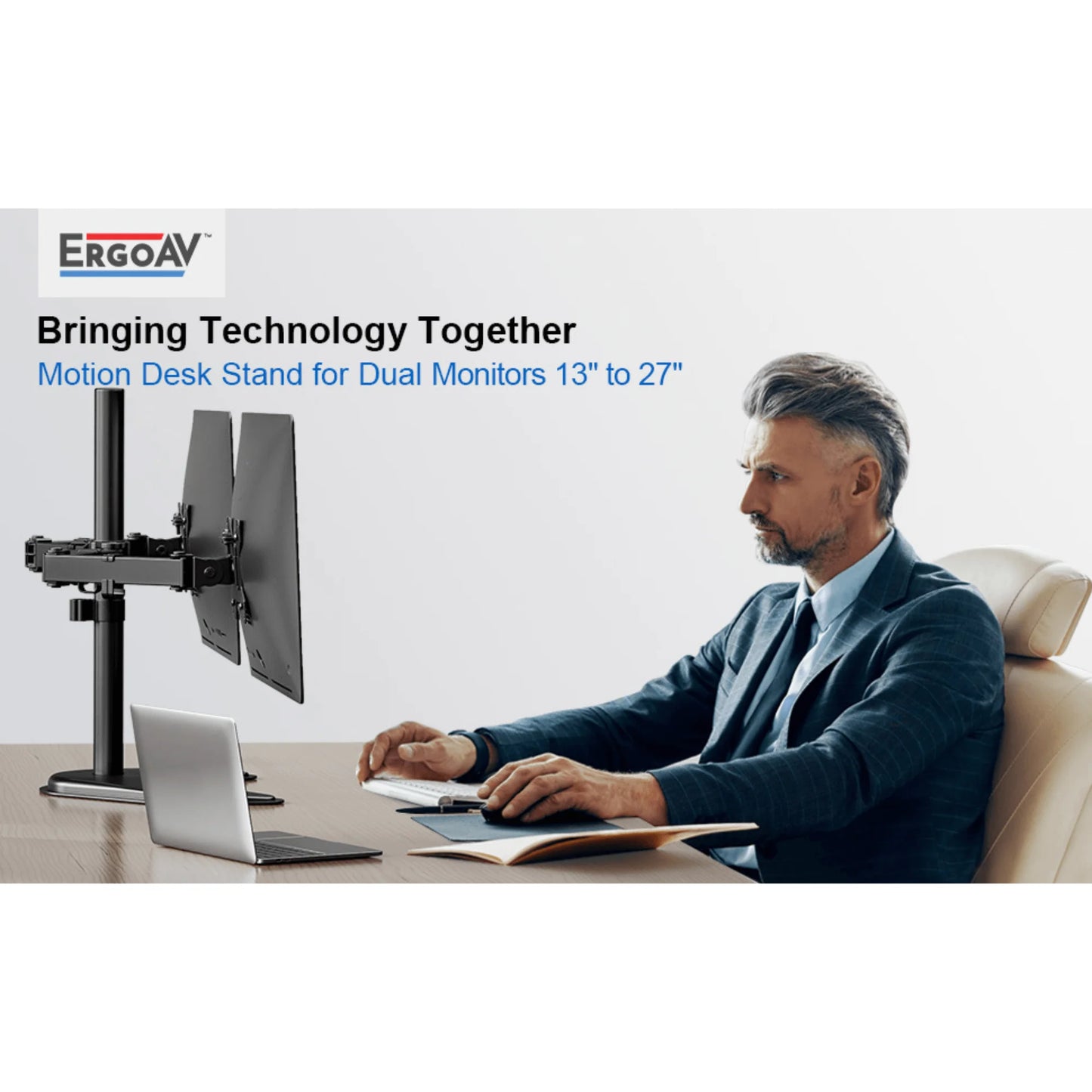 Ergoav Dual Monitor Adjustable Desk Stand - Ideal for 13" to 27" Screens, Holds Up to 22lbs