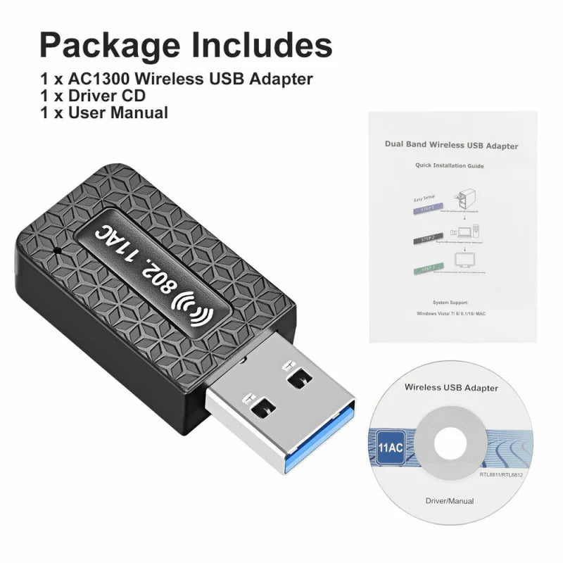 Ultra-Fast 1300Mbps USB 3.0 Dual Band Wireless WiFi Adapter for Desktops & Laptops