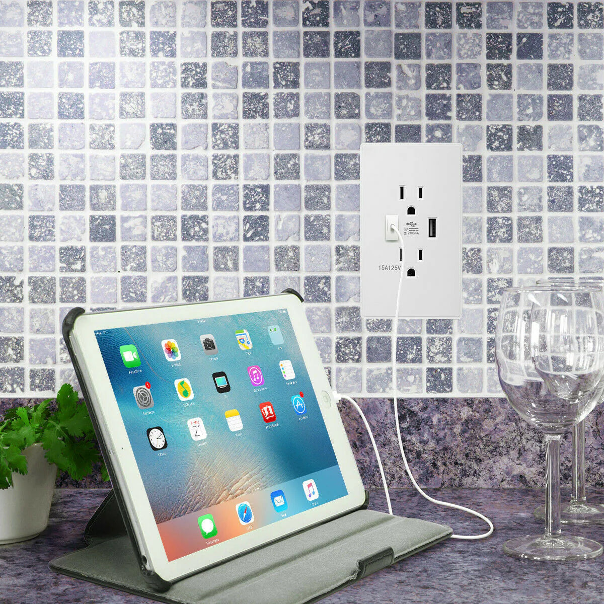 15A Dual USB Wall Outlet Charger with AC Receptacle - Fast Charging Power Socket for Your Home or Office