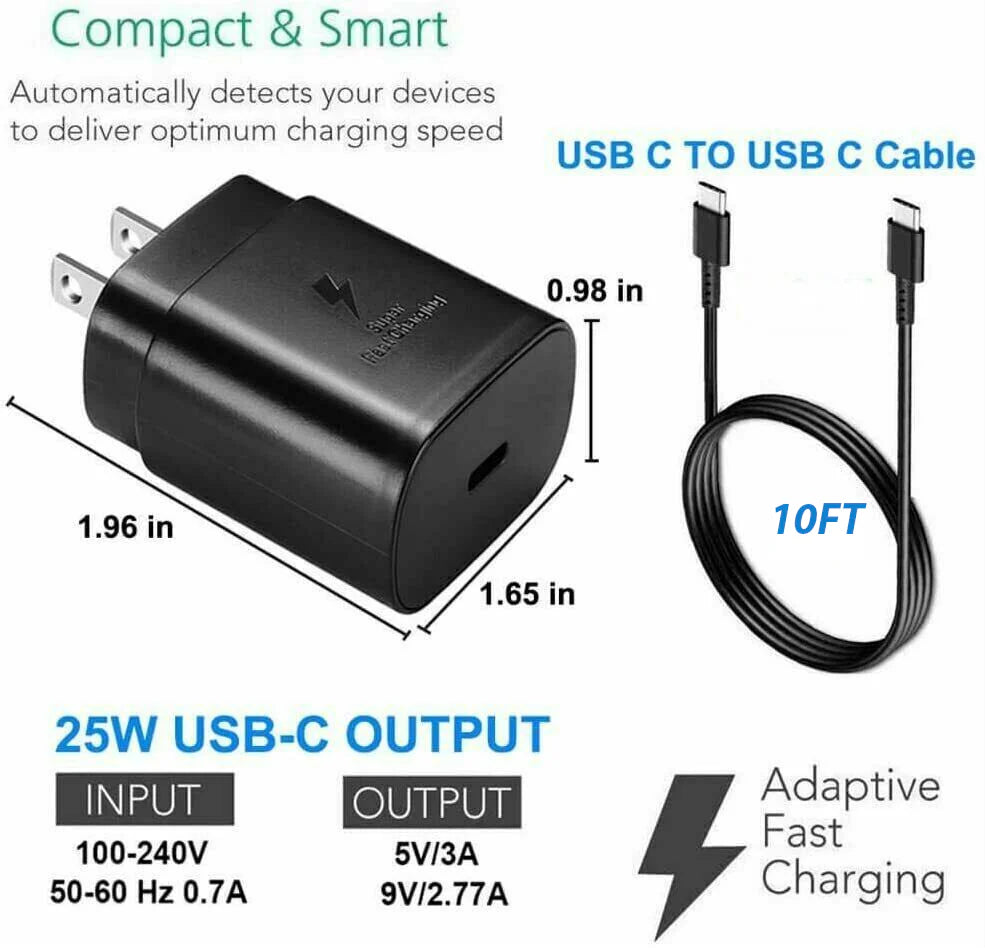25W Ultra-Fast USB-C Charger & 10FT Cable - Perfect for Samsung Galaxy S23, S22, S21, S20