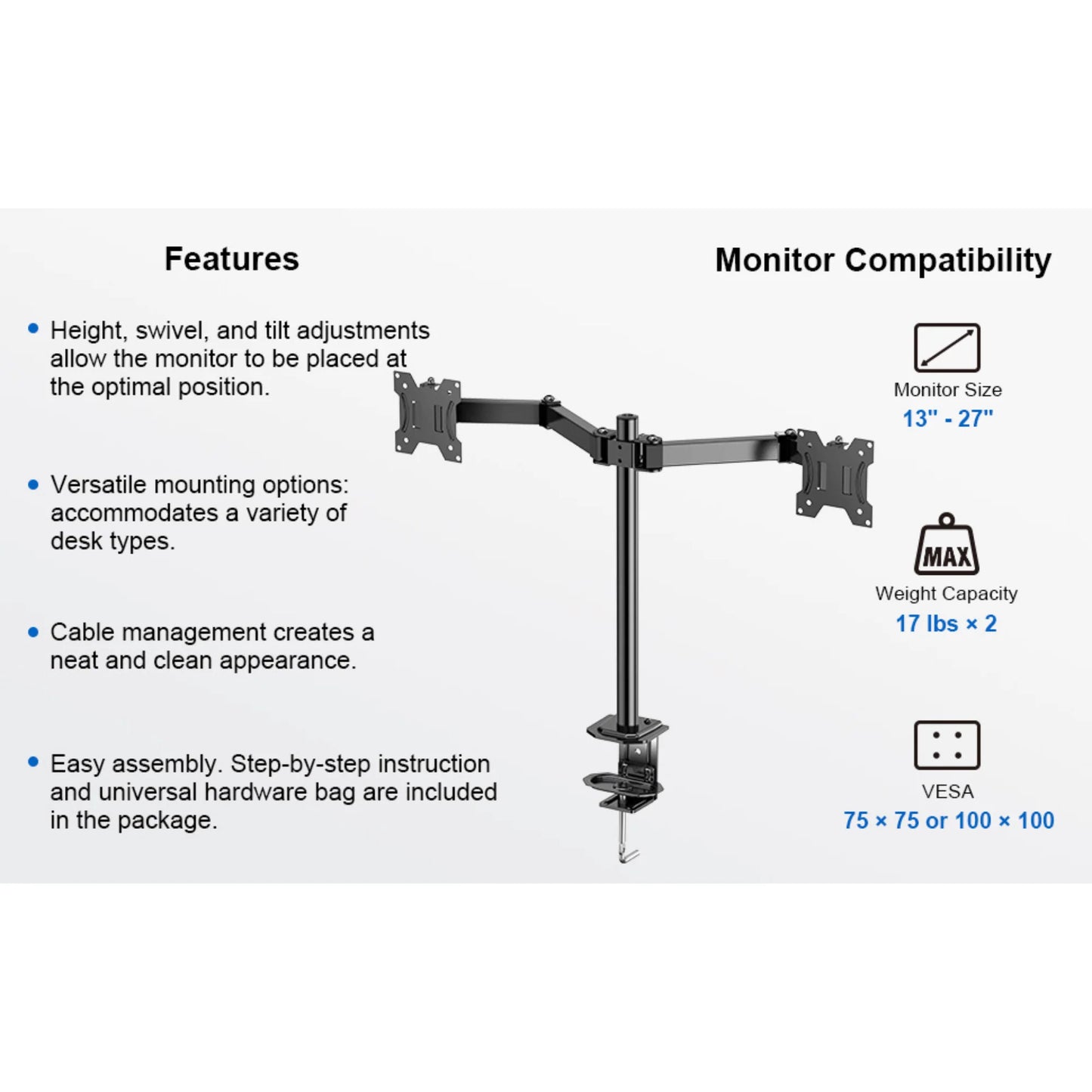 Ergoav Dual Monitor Adjustable Desk Stand - Ideal for 13" to 27" Screens, Holds Up to 17lbs
