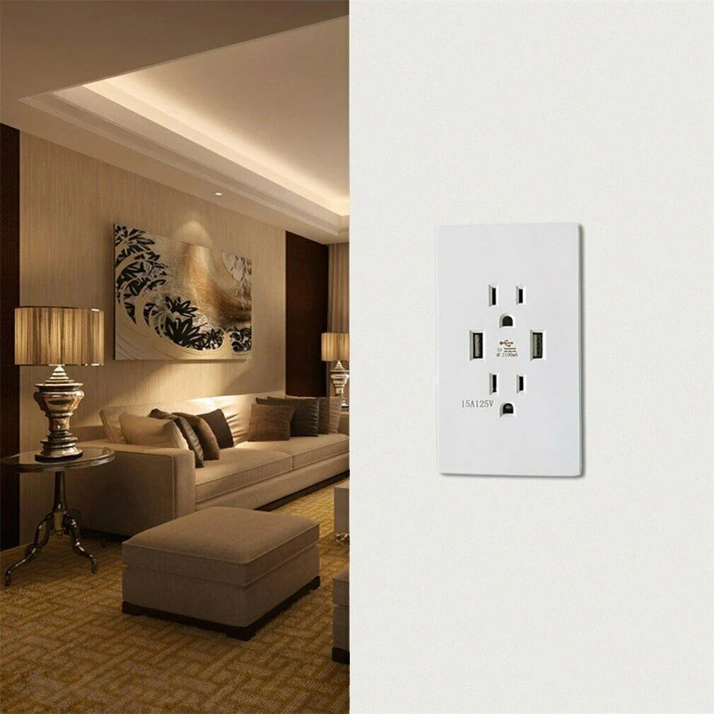 15A Dual USB Wall Outlet Charger with AC Receptacle - Fast Charging Power Socket for Your Home or Office