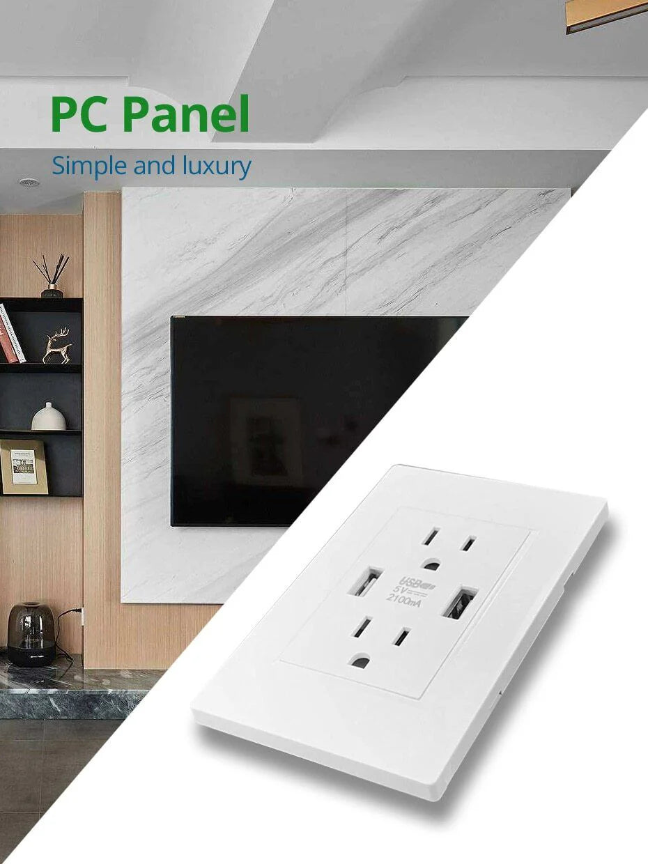 15A Dual USB Wall Outlet Charger with AC Receptacle - Fast Charging Power Socket for Your Home or Office