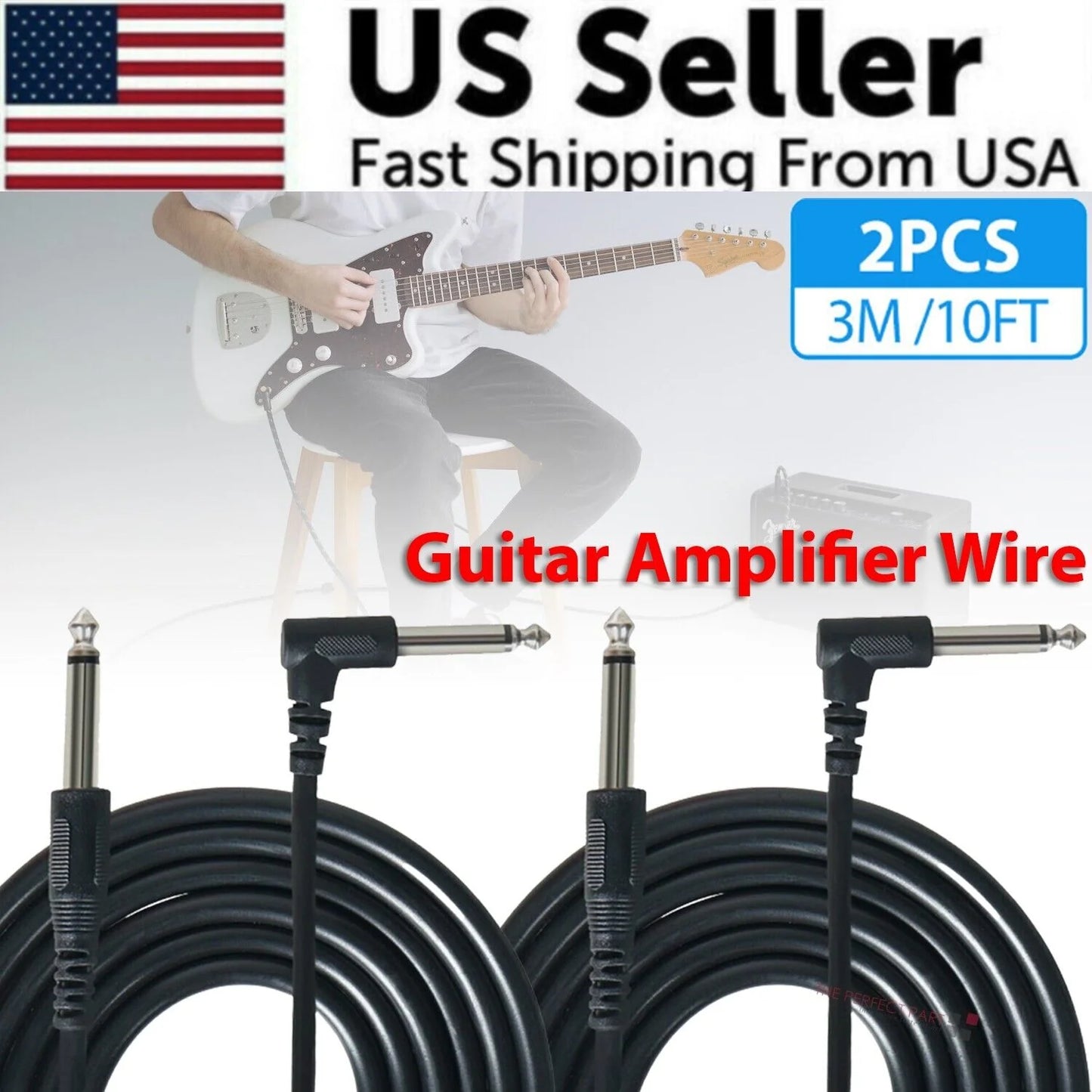 10FT Right Angle Electric Patch Cord - 2 Pack for Premium Guitar Amplifier Sound Quality