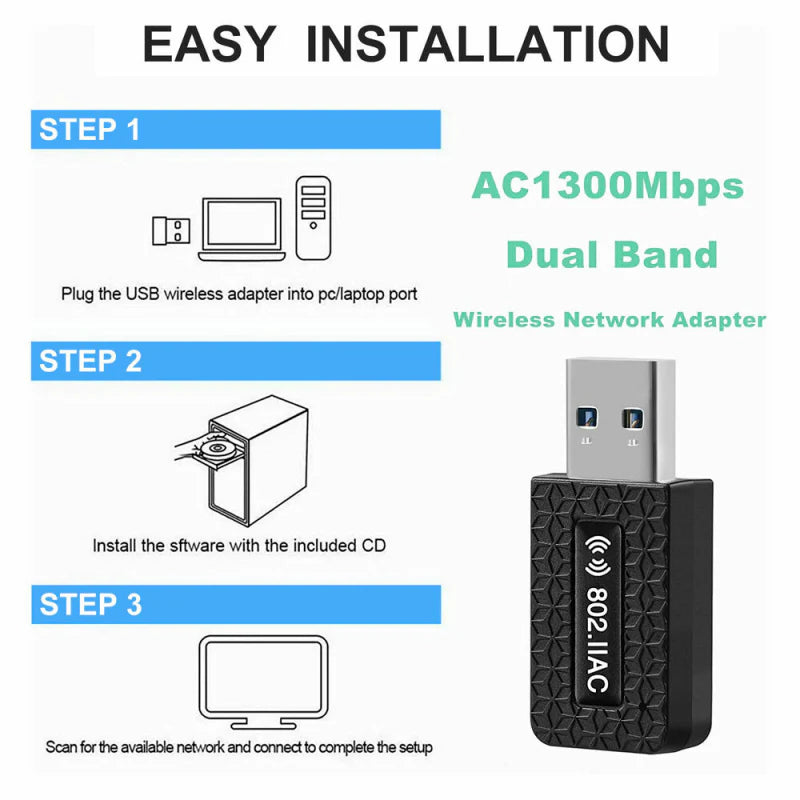 Ultra-Fast 1300Mbps USB 3.0 Dual Band Wireless WiFi Adapter for Desktops & Laptops