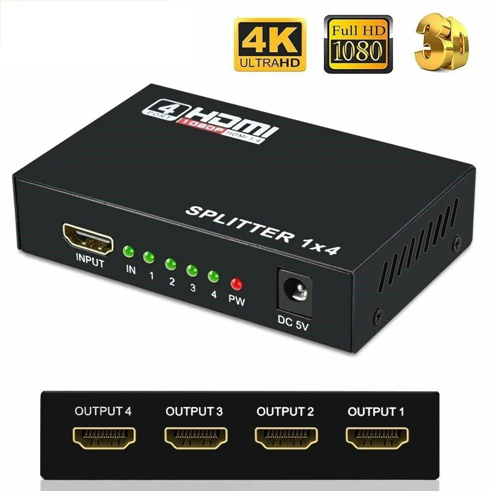 4-Port 4K HDMI Splitter & Amplifier - Seamless 1 Input to 4 Outputs for Stunning 3D HDTV & 1080P Experience
