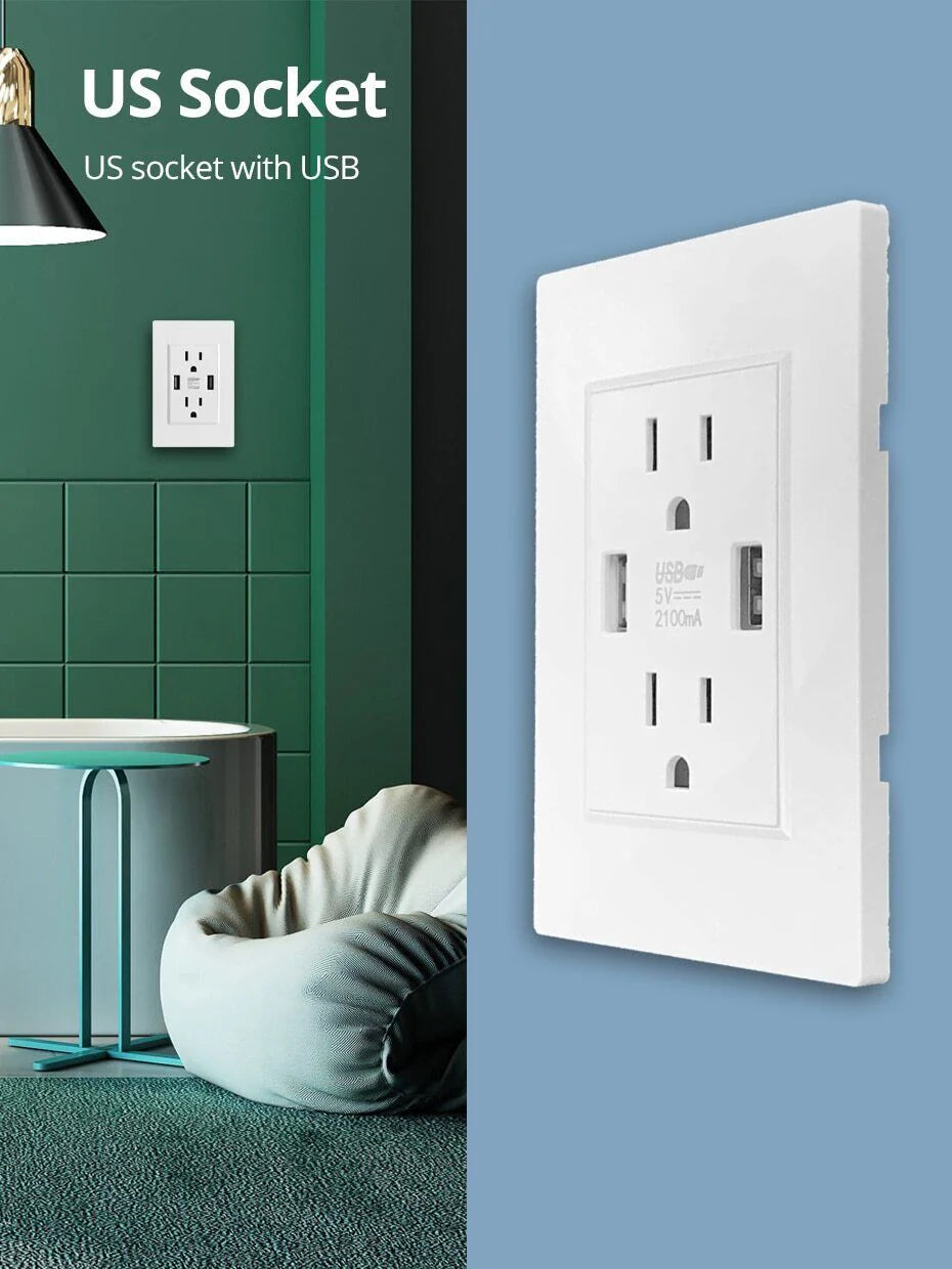 15A Dual USB Wall Outlet Charger with AC Receptacle - Fast Charging Power Socket for Your Home or Office