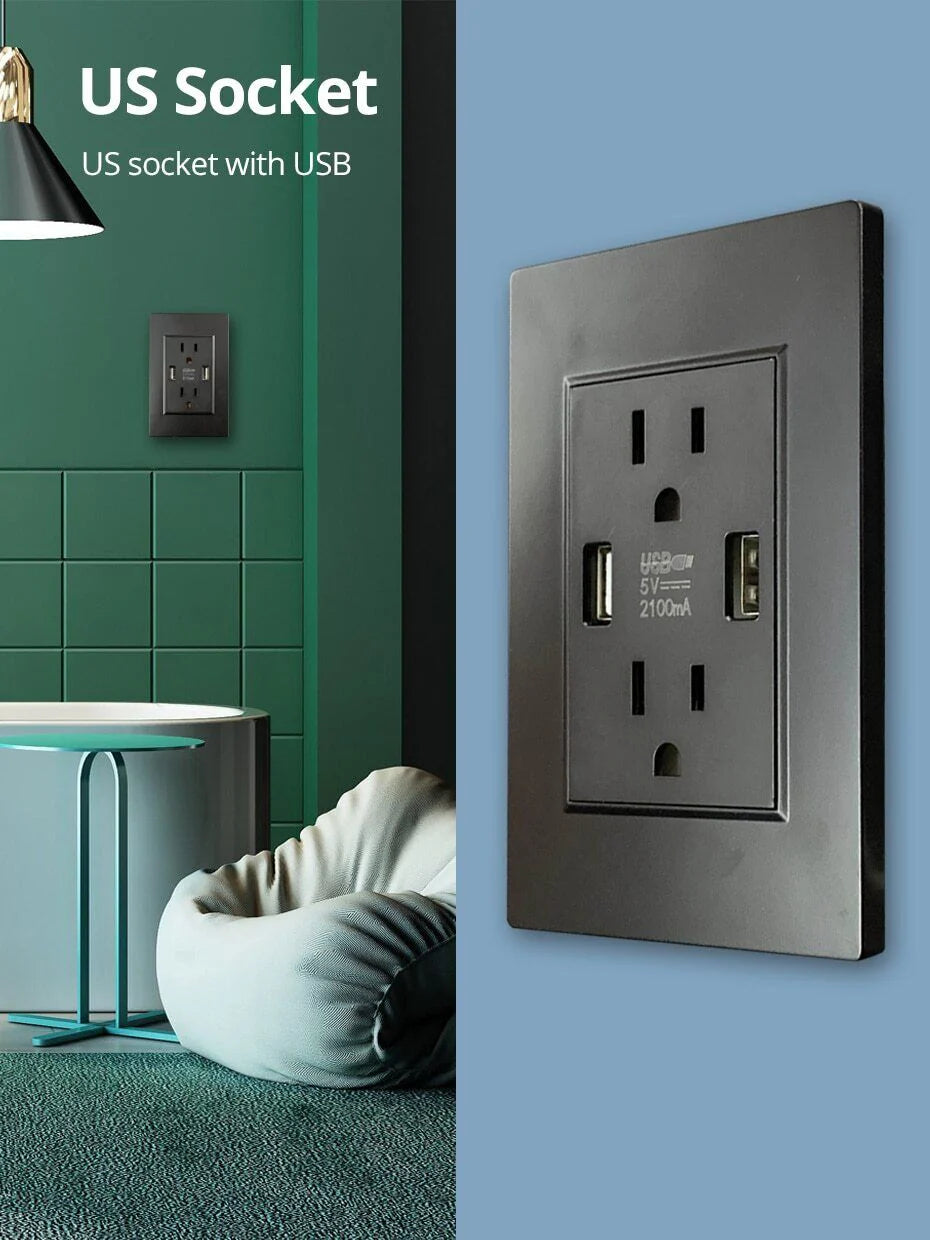 15A Dual USB Wall Outlet Charger with AC Receptacle - Fast Charging Power Socket for Your Home or Office