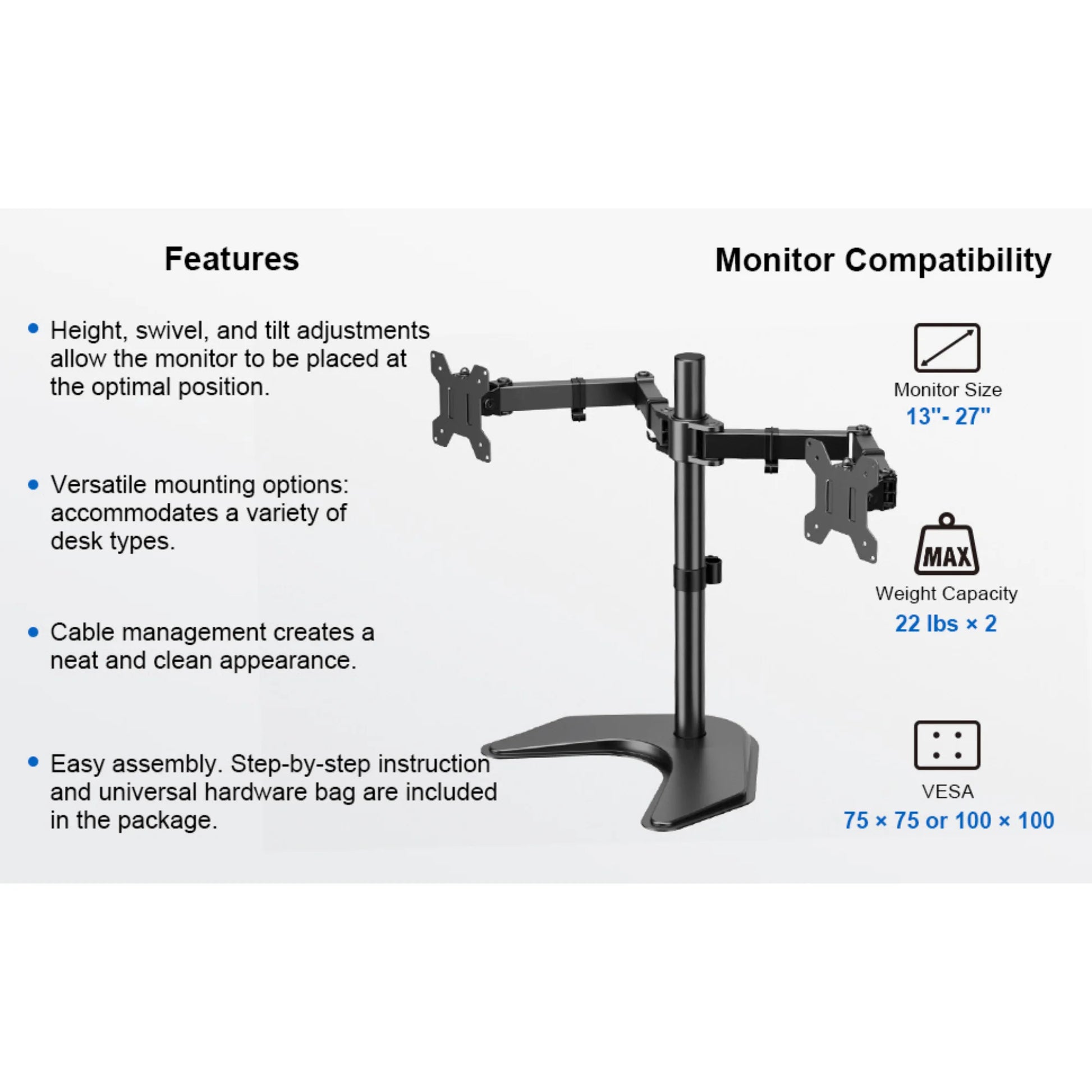 Ergoav Dual Monitor Adjustable Desk Stand - Ideal for 13" to 27" Screens, Holds Up to 22lbs
