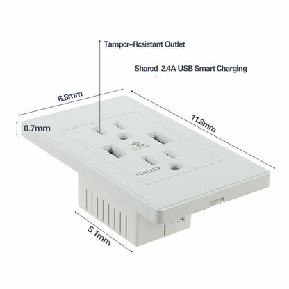 15A Dual USB Wall Outlet Charger with AC Receptacle - Fast Charging Power Socket for Your Home or Office