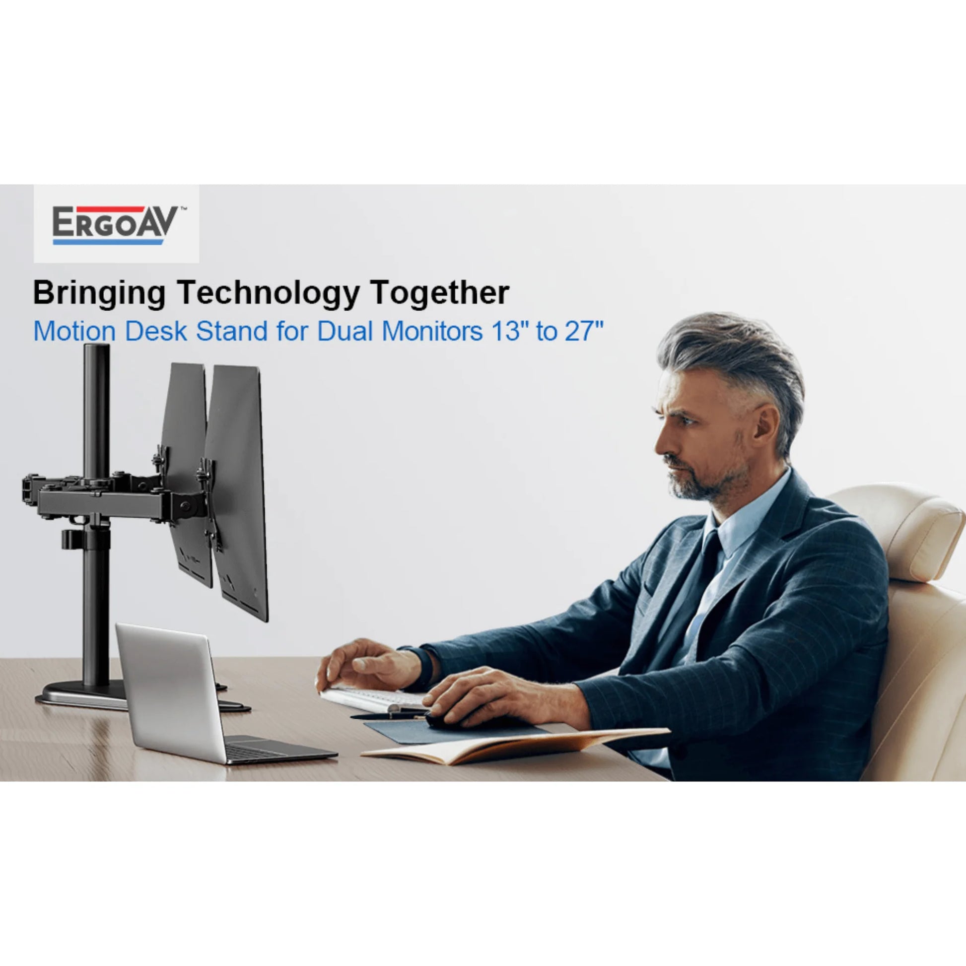 Ergoav Dual Monitor Adjustable Desk Stand - Ideal for 13" to 27" Screens, Holds Up to 22lbs