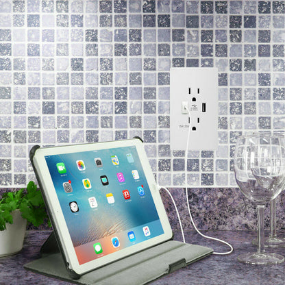 15A Dual USB Wall Outlet Charger with AC Receptacle - Fast Charging Power Socket for Your Home or Office