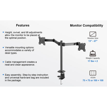 Ergoav Dual Monitor Adjustable Desk Stand - Ideal for 13" to 27" Screens, Holds Up to 17lbs