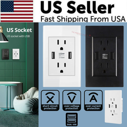 15A Dual USB Wall Outlet Charger with AC Receptacle - Fast Charging Power Socket for Your Home or Office