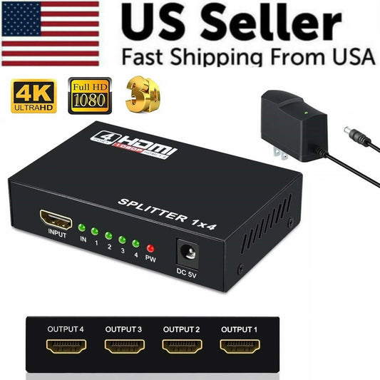 4-Port 4K HDMI Splitter & Amplifier - Seamless 1 Input to 4 Outputs for Stunning 3D HDTV & 1080P Experience